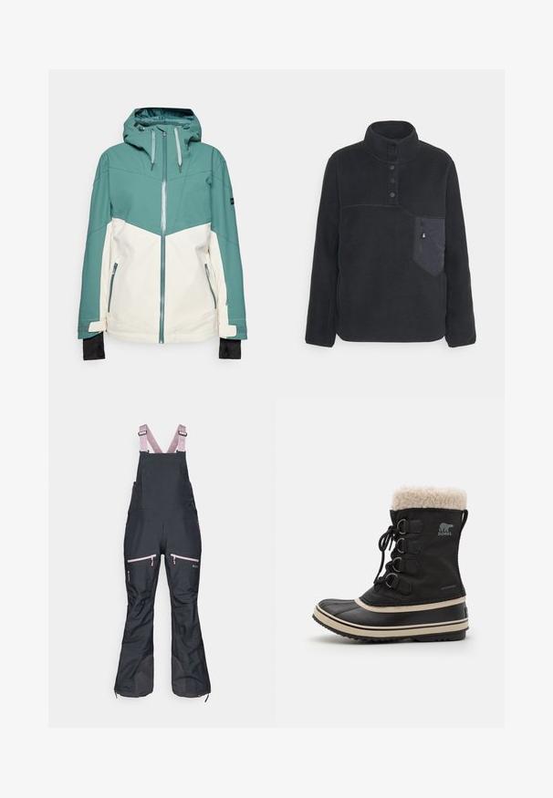 Chaqueta de esquí en tonos verde azulado y crema con cierre de cremallera al frente, capucha ajustable, bolsillos con cremallera y puños elásticos. Textura suave, tela duradera.; Sudadera de forro polar negro con cuello alto, tapeta de cuatro botones y bolsillo con cremallera en el pecho izquierdo. Cuenta con costuras en contraste y una textura suave.; Overoles negros impermeables con tirantes ajustables rosas, que cuentan con bolsillos con cremallera y secciones inferiores reforzadas para mayor durabilidad.; Botas negras impermeables con un collar de piel sintética, cordones en la parte delantera, suela de goma y una franja beige en contraste a lo largo de la suela. Detalles decorativos de hardware.