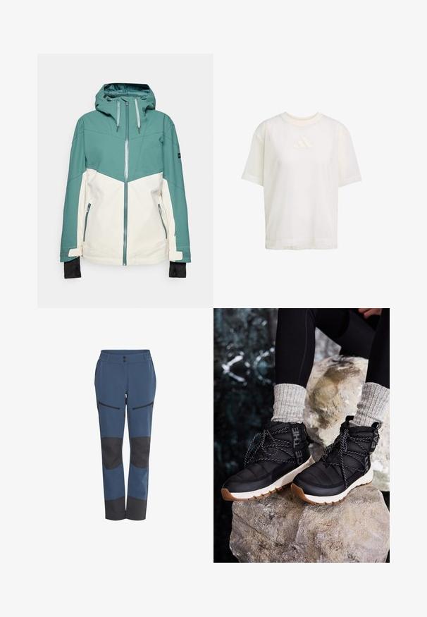 Chaqueta de esquí en tonos verde azulado y crema con cierre de cremallera al frente, capucha ajustable, bolsillos con cremallera y puños elásticos. Textura suave, tela duradera.; Camiseta blanca con cuello redondo, mangas cortas y un corte relajado. Presenta un sutil logo blanco de Adidas en el frente. Textura suave.; Pantalones exteriores azules con parches negros en las rodillas, dos bolsillos laterales con cremallera, una cinturilla flexible y un corte ajustado. Fabricados con tejido resistente.; Zapatillas de deporte negras de caña alta con un diseño acolchado, tela texturizada, suela blanca y cordones decorativos que presentan acentos reflectantes.