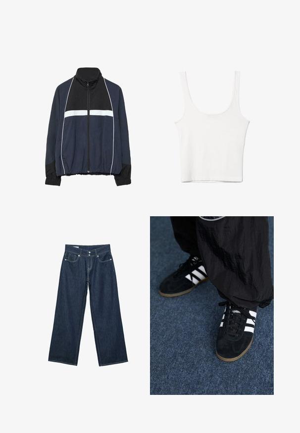 Veste de survêtement zippée bleu marine et noire avec des rayures blanches horizontales et verticales, poignets et taille élastiques.; Débardeur en coton blanc avec un décolleté arrondi, sans manches et ajusté. Texture lisse, design uni et détails de couture minimaux.; Jeans en denim bleu foncé à jambes larges avec fermeture à double bouton, poches avant et surpiqûres contrastantes sur fond blanc.; Des chaussures de sport en suède noir avec trois rayures blanches et des lacets noirs. Un pantalon noir texturé est partiellement visible à côté des chaussures.