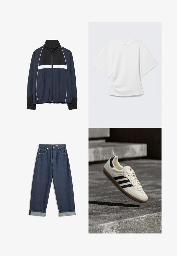 Veste de survêtement zippée bleu marine et noire avec des rayures blanches horizontales et verticales, poignets et taille élastiques.; T-shirt blanc oversize à manches courtes avec col rond présenté sur un fond gris clair.; Jean en denim bleu foncé à jambes larges avec des ourlets repliés, bouton et fermeture éclair à l'avant, passants de ceinture et cinq poches.; Baskets blanches Adidas Samba avec des bandes noires et une semelle en gomme, flottant au-dessus de marches en béton gris texturé.