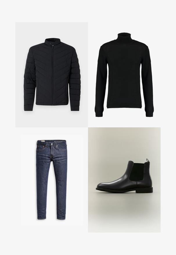 Chaqueta acolchada negra con cuello alto, patrón de rombos acolchado, cierre de cremallera completo y puños acanalados. Diseño ligero y elegante.; Suéter negro de cuello alto en un tejido de punto suave, con mangas largas y una silueta ajustada. Puños y dobladillo acanalados.; Jeans oscuros de corte slim de Levi's Performance con cinco bolsillos y costuras visibles sobre un fondo blanco.; Bota Chelsea de cuero negro con paneles laterales elásticos y una lengüeta en un fondo neutro, mostrada de perfil.