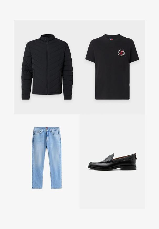 Zwarte pufferjas met een hoge kraag, chevron gestikt patroon, volledige ritssluiting en ribgebreide manchetten. Lichtgewicht, strak ontwerp.; Zwarte katoenen T-shirt met korte mouwen, ronde hals, met een rood en witte grafische print die "TOMMY JEANS NEW YORK CITY" zegt.; Lichtblauwe straight-leg spijkerbroek met voor- en achterzakken, ritsvlieg en klein logopatch op de rechter voorzak.; Zwarte leren herensloffen met moc toe stiksel, pennyriem, gestructureerde kraag en lage gestapelde hak op witte achtergrond.