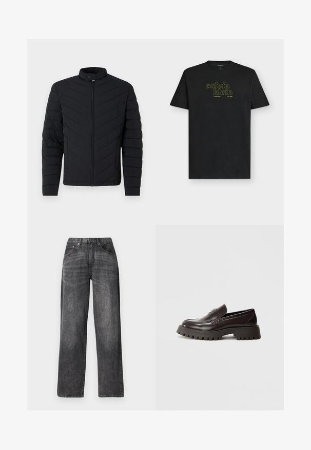 Chaqueta acolchada negra con cuello alto, patrón de rombos acolchado, cierre de cremallera completo y puños acanalados. Diseño ligero y elegante.; Camiseta negra de manga corta con cuello redondo con el texto "calvin klein" y "Calvin Klein Est. 1968" en verde claro en el pecho.; Jeans negros de talle alto y pierna recta con bolsillos delanteros y traseros, trabillas para cinturón y detalles de costuras visibles.; Mocasines de cuero burdeos con suela de goma gruesa, detalle trenzado en la parte delantera y marca en relieve en el talón. Textura suave, diseño elegante.