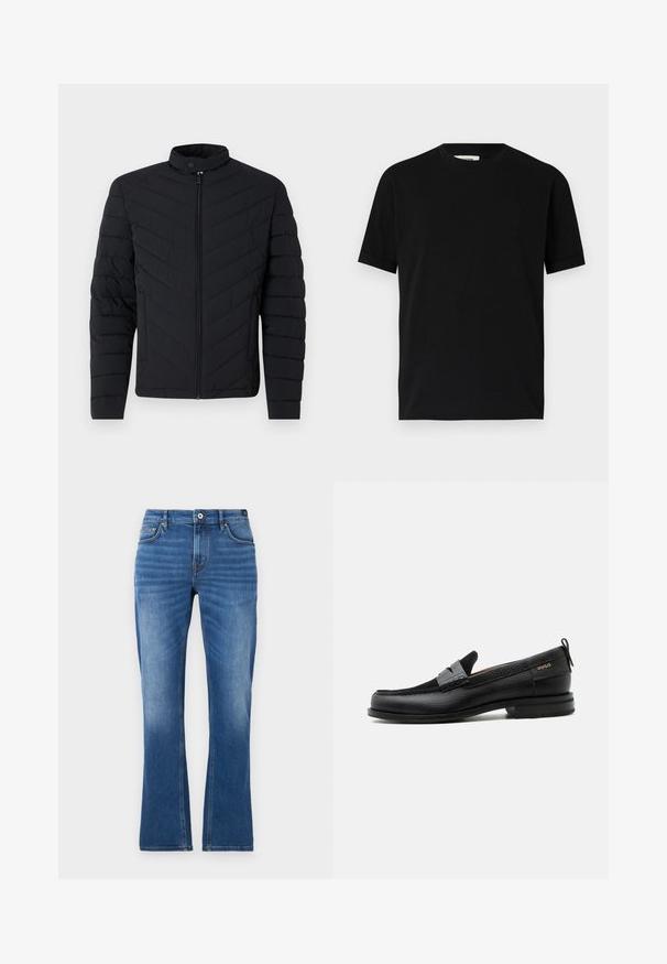 Veste en duvet noire avec un col haut, motif en chevrons matelassé, fermeture à glissière intégrale et poignets côtelés. Design léger et élégant.; T-shirt noir à manches courtes en coton avec un col rond et une coupe ample. Texture lisse, sans motifs ni logos visibles.; Jeans en denim évasés de couleur bleu moyen. Comprend un design à cinq poches, des accents brodés, une fermeture à bouton et une texture légèrement décolorée sur les jambes.; Mocassin en cuir noir avec détail de bride grise, talon bas et semelle texturée, marqué "HUGO" en or sur le côté.