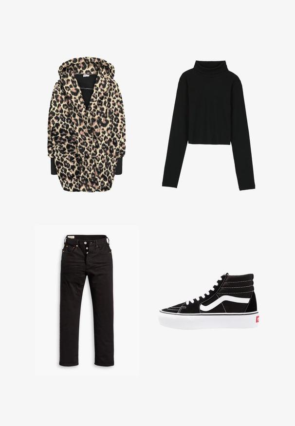Peignoir à capuche imprimé léopard en tissu doux et texturé avec des nuances de noir, beige et rose. Comprend des manches longues et des poches avant.; Even&Odd by Zalando T-shirt à manches longues - black; Jean noir à jambe droite avec fermeture à boutons, poches avant et arrière, et détails en rivets cuivrés sur fond blanc.; Baskets montantes noires avec des lacets blancs, un logo blanc et des coutures blanches contrastées. Dotées d'une épaisse semelle blanche et d'un dessus en daim texturé.