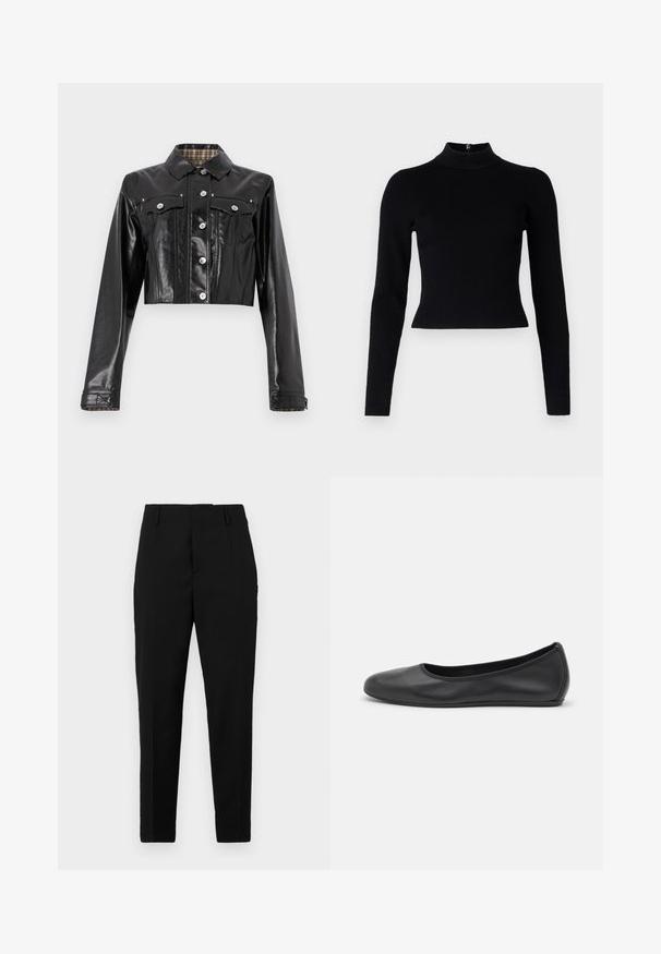 Rabanne Veste en jean - black; Pull-over noir à col roulé côtelé avec des manches longues et une silhouette ajustée, présentant une texture lisse et un zip au dos.; Pantalons noirs avec une coupe ajustée, dotés de poches latérales, d'une texture lisse et d'un design épuré qui se resserre vers la cheville.; Ballerines en cuir noir avec un bout rond, texture lisse, détails de couture minimalistes et design de semelle flexible.