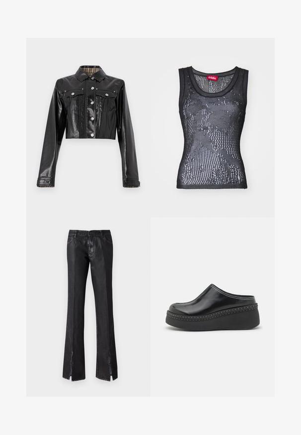 Rabanne Cowboyjakker - black; Sort mesh tanktop med rund halsudskæring og et mønster af små huller. Labeledet indeni siger "032c." Materialet virker let og tekstureret.; Sorte flagrende bukser med en glansfuld finish, der har to forlommer og slids ved kanten, lavet af holdbart stof.; Sorte blanke klodser med platform, rund tå, buet overdelen og kontrasterende hvid sting langs kanten af sålen.