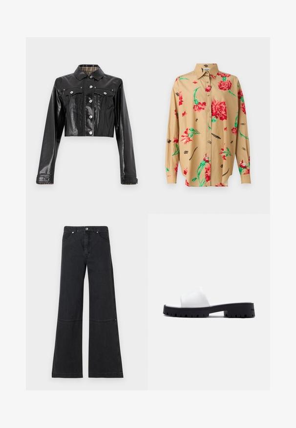 Rabanne Cowboyjakker - black; Beige langærmet skjorte med knapkrave. Har et rødt og grønt blomster mønster og forskellige sorte skitser, herunder penne og klips.; Sorte brede ben jeans lavet af denim, med høj talje, forlommer og en subtil sømdetalje ved knæet. Metal knaplukning.; Hvid slidssandal med bredt læderrem og chunky sort grovmønstret sål, lav hæl, sideprofil på lys baggrund.