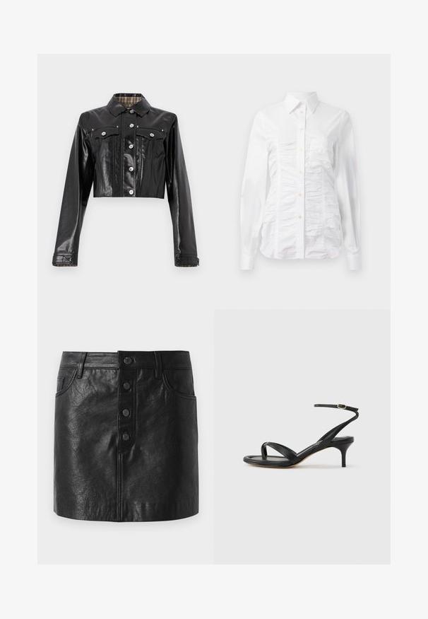 Rabanne Veste en jean - black; Chemise blanche à manches longues avec un texture froncée sur le devant, petits boutons dorés et col standard.; Jupe en cuir noir avec une taille haute, fermeture à bouton sur le devant, deux poches latérales et une forme légèrement évasée. Fini texturé.; Sandale pour femme en cuir noir avec fines lanières, une boucle d'orteil, une boucle à la cheville et un talon aiguille de hauteur moyenne sur un fond neutre.