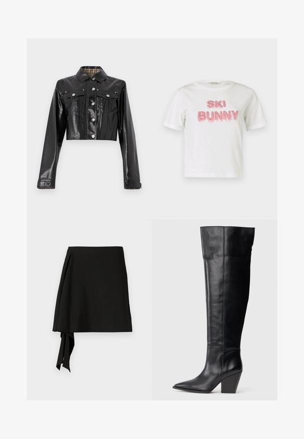 Rabanne Chaqueta vaquera - black; Camiseta blanca de algodón con la inscripción "SKI BUNNY" en letras rosas de pelo sintético en relieve. Manga corta y cuello redondo.; Falda negra de diseño elegante, con un detalle de lazo lateral, textura suave y silueta drapeada. Confeccionada con tela ligera.; Bota alta de cuero negro, con punta afilada, tacón bloque alto y en ángulo, y costuras verticales a lo largo del eje.