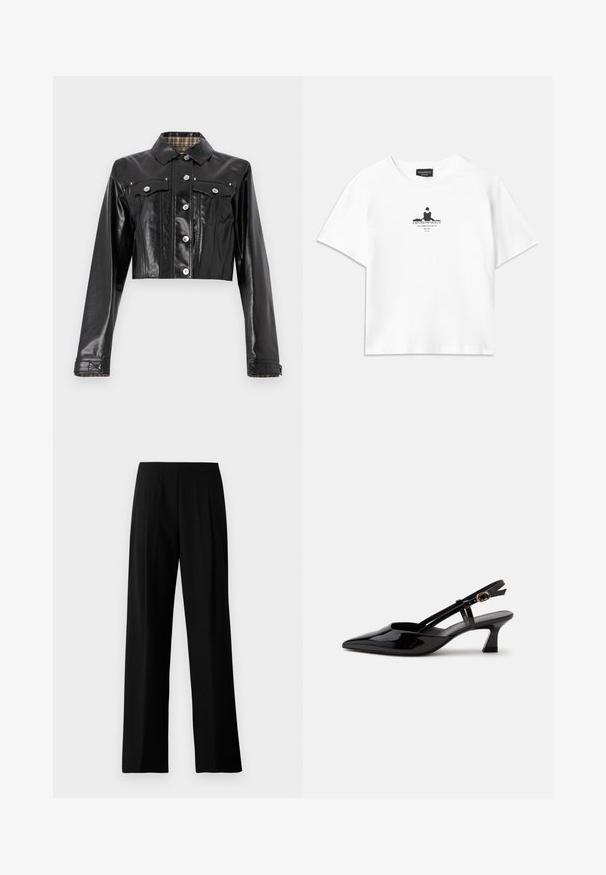 Rabanne Chaqueta vaquera - black; camiseta de algodón blanca de corte holgado, con una impresión gráfica negra en el centro que incluye texto y un diseño de silueta.; Pantalones de pierna ancha negros, confeccionados con una tela suave, que presentan una cintura plana y pliegues frontales para un aspecto ajustado. Sin herrajes visibles ni patrones.; Zapato slingback de charol negro con tacón bajo, punta puntiaguda y correa ajustable con hebilla dorada sobre fondo blanco.