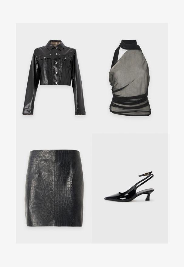 Rabanne Veste en jean - black; Ludovic de Saint Sernin Débardeur - black; Mini-jupe noire avec texture crocodile brillante et design en panneaux, coupe droite, fabriquée en simili cuir.; Escarpins à brides arrière en cuir verni noir, à bout pointu, avec un petit talon carré et une sangle de cheville ajustable dotée d'une boucle dorée.