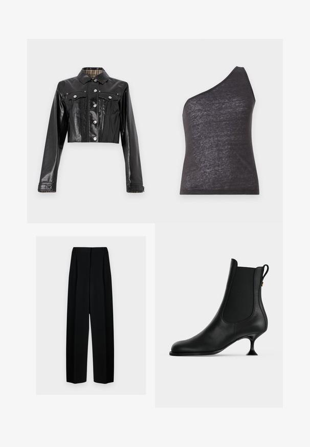 Rabanne Veste en jean - black; Débardeur asymétrique noir avec une seule bretelle, fabriqué en tissu doux et légèrement transparent, présentant une silhouette ajustée et une texture lisse.; Pantalons noirs à jambes larges avec une taille haute, présentant des plis et une texture lisse. Le tissu semble léger et tombe élégamment.; Bottine en cuir noir à bout pointu, panneaux latéraux élastiques, et petit talon fin évasé sur un fond clair uni.