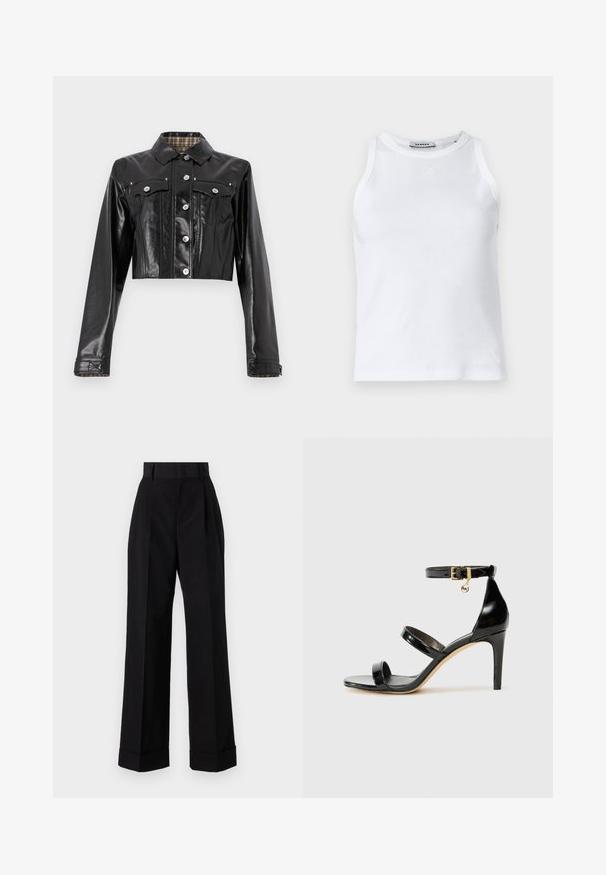 Rabanne Chaqueta vaquera - black; Camiseta de tirantes blanca con cuello redondeado, diseño sin mangas y un pequeño logo en la parte frontal. Textura suave y forma ajustada.; Pantalones negros de cintura alta hechos de algodón. Presentan un diseño de pierna ancha, pliegues y dobladillos enrollados. Textura suave, sin patrones ni herrajes visibles.; Sandalia de charol negro con tres correas, hebilla en el tobillo y tacón de aguja de 10 cm. Presenta detalles de hardware en oro y un charm con el logo.