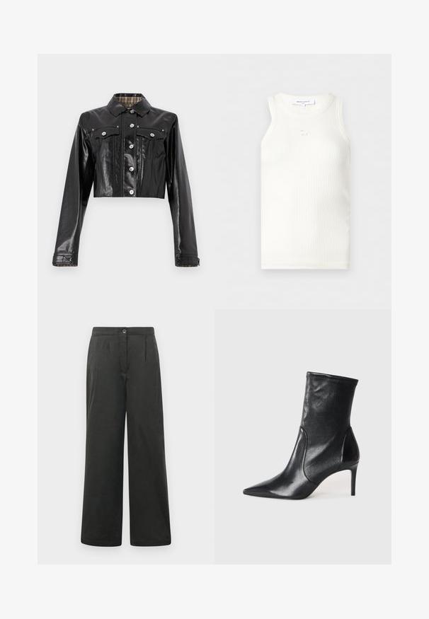 Rabanne Teksajakk - black; Valge soonikkoeline varrukateta top ümmarguse kaelusega ja väikese tikitud rebase detailiga krae all, bränd Maison Kitsuné.; Mustad laiad püksid sileda tekstuuriga, ees dekoratiivsete voltidega, nööpkinni ja elastse vöökohtadega mugavuse tagamiseks.; Mustad mustajalatsid, mis on valmistatud siledast nahast, omavad teravat nina, kitsast varre ja peenikest kõrget kontsa. Minimalistlik disain, ilma nähtava riistvaraeta.