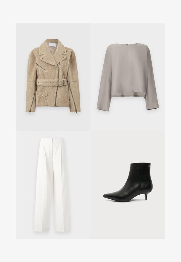 Veste de motard en polaire sherpa beige avec larges revers, fermeture éclair asymétrique à l'avant, poches zippées latérales et poitrine, taille ceinturée et poignets zippés.; Haut gris clair à manches longues raccourcies en tissu lisse. Dispose d'un col rond et d'un détail discret à l'ourlet.; Pantalons larges blancs à taille haute, dotés de plis à l'avant et d'une texture lisse, fabriqués en tissu léger.; Bottine en cuir noir avec bout pointu et petit talon kitten sur fond clair, vue côté extérieur.