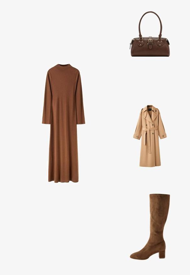 Camelkleurige wollen trenchcoat met een dubbelbreasted voorkant, brede revers, een ceintuur in de taille en lange mouwen met knoopdetails.; Bruine jurk met lange mouwen, hoge hals en enkelhoge lengte, gemaakt van gladde stof met een rechte, losse pasvorm.; Bruine suède kniehoge laars met een puntige neus en blokhak. Soepele textuur met minimale stiksel details. Klassiek en eenvoudig ontwerp.; Bruine leren handtas met twee handvatten, een centrale gespband en goudkleurige hardware, afgebeeld tegen een witte achtergrond.