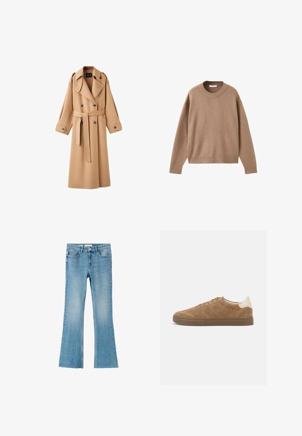 Kamelfarvet uldtrenchcoat med dobbeltbrystet front, brede klapper, bælte i taljen og lange ærmer med knapdetaljer.; Blød beige langærmet crewneck sweater med ribbede manchetter, kant og krave, præsenteret fladt på en hvid baggrund.; Lyseblå vidde jeans lavet af denim, med et klassisk design med fem lommer, knaplukning og let slidte detaljer.; Lavtop brun ruskind sneaker med matchende gummisål og hvid polstret hælkrave, vist i sideprofil på hvid baggrund.