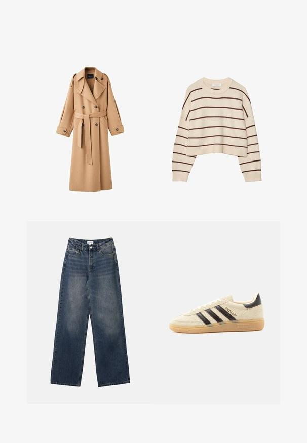 Kamelfarvet uldtrenchcoat med dobbeltbrystet front, brede klapper, bælte i taljen og lange ærmer med knapdetaljer.; Creme sweater med brune vandrette striber, med rund halsudskæring, cropped nederste kant og ribbede manchetter. Blødt strikket materiale.; Mænds højtaljede blå denim jeans med brede ben, frontknap og lynlås samt for- og baglommer.; Kremfarvet ruskindssneaker med sorte striber, gummisål, sort hælstrop og gyldent "SPEZIAL"-tekst på siden.