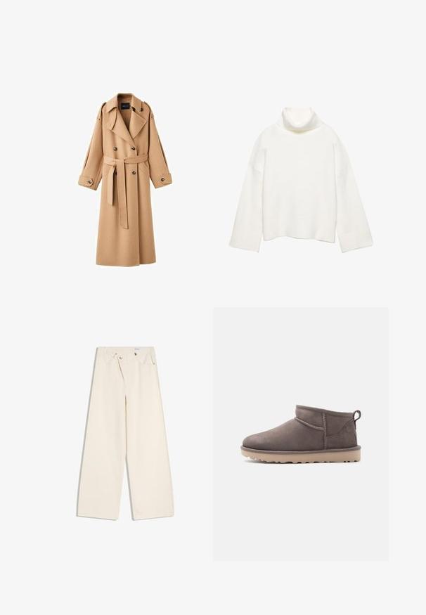 Camelkleurige wollen trenchcoat met een dubbelbreasted voorkant, brede revers, een ceintuur in de taille en lange mouwen met knoopdetails.; Witte coltrui gemaakt van zachte stof, met een losse pasvorm, verlaagde schouders en brede geribbelde manchetten en zoom.; Off-white wijde broek met steekzakken aan de voorkant, lussen voor een riem en zilveren knopen op de tailleband en de randen van de zakken.; Lage, bruin suède instapschoen met een textuurrijke zool en trekkoord op een effen achtergrond.