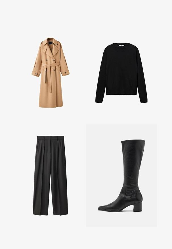 Camelkleurige wollen trenchcoat met een dubbelbreasted voorkant, brede revers, een ceintuur in de taille en lange mouwen met knoopdetails.; Zwarte lange mouwen trui van zacht materiaal met een ronde hals en geribde manchetten, met een eenvoudig en recht afgesneden ontwerp.; Zwarte, wijde broek gemaakt van een gladde stof. Beschikt over een hoge taille, riemlussen en plooien aan de voorkant voor extra structuur.; Zwarte leren laars tot de knie met een puntige neus, minimale naaddetails en een chunky vierkante hak. Soepele textuur met een glanzende afwerking.
