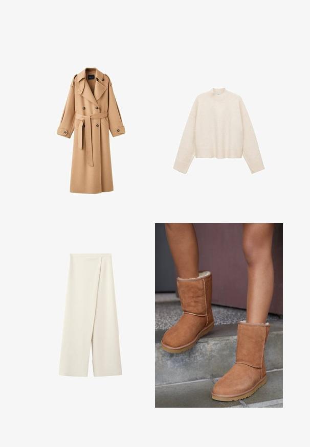 Camelkleurige wollen trenchcoat met een dubbelbreasted voorkant, brede revers, een ceintuur in de taille en lange mouwen met knoopdetails.; Crème pullover trui gemaakt van zachte stof, met een hoge nek, verlaagde schouders en een cropped ontwerp met geribde boorden.; Crèmekleurige broek met wijde pijpen, een hoge taille en een overlappend voorpaneel.; Bruine suède enkellaarsjes met een ronde neus, zachte voering en een rubberen zool, met zichtbaar stiksel langs de naden.