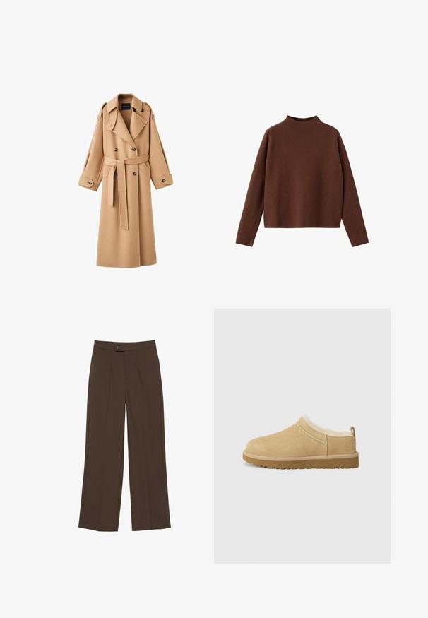 Camelkleurige wollen trenchcoat met een dubbelbreasted voorkant, brede revers, een ceintuur in de taille en lange mouwen met knoopdetails.; Bruine, lange mouwen trui met een hoge hals. Gemaakt van een zachte, gestructureerde stof. Heeft een ontspannen, boxy vorm en een minimalistisch ontwerp.; Bruine broek met rechte pijpen en een knoop- en ritssluiting aan de voorkant, met strakke, op maat gemaakte lijnen en een middelhoge taille.; Suède instap schoenen in licht bruin, met een zachte bontvoering en een gemeleerde rubberen zool met een lichte hak en een trekhaakje aan de achterkant voor gemakkelijk aan- en uittrekken.