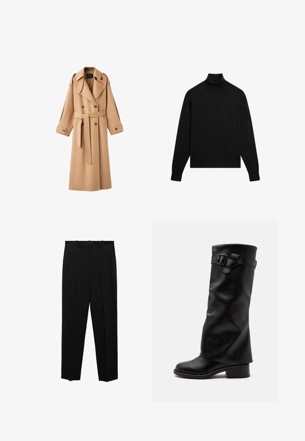 Camelkleurige wollen trenchcoat met een dubbelbreasted voorkant, brede revers, een ceintuur in de taille en lange mouwen met knoopdetails.; Zwarte coltrui met lange mouwen, een aansluitende kraag en geribde manchetten op een witte achtergrond.; Zwarte op maat gemaakte broek met een recht model, met voorplooien, een gladde textuur en een standaard tailleband met riemlussen.; Zwarte leren mid-kuitlaars met een lage blokhak en een decoratieve band met gesp rond de bovenste schacht.