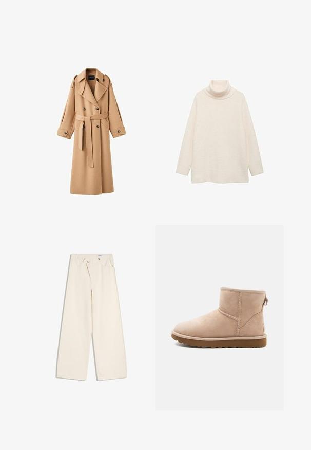 Kamelfarvet uldtrenchcoat med dobbeltbrystet front, brede klapper, bælte i taljen og lange ærmer med knapdetaljer.; Cremefarvet turtleneck sweater lavet af blødt, struktureret stof. Har lange ærmer og en løs, afslappet pasform. Enkel design uden mønstre.; Off-white bukser med vidde i benene, foranlommer, bærestropper og sølvknapper på linningen og lommekanter.; Beige ruskindsankelstøvle med rund tå, synlige sting og en tekstureret brun gummisål. Har en træksløjfe på bagsiden.