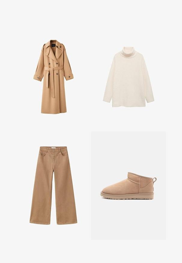 Kamelfarvet uldtrenchcoat med dobbeltbrystet front, brede klapper, bælte i taljen og lange ærmer med knapdetaljer.; Cremefarvet turtleneck sweater lavet af blødt, struktureret stof. Har lange ærmer og en løs, afslappet pasform. Enkel design uden mønstre.; Bredde bukser i lysbrunt bomuldsstof med høj talje, forlommer og knaplukning. Glat tekstur og rene linjer.; Brune ruskindsankelstøvle med en rund tå, blød tekstur, enkelt design og en lavprofil gummisål. Har en trækrem bagpå.