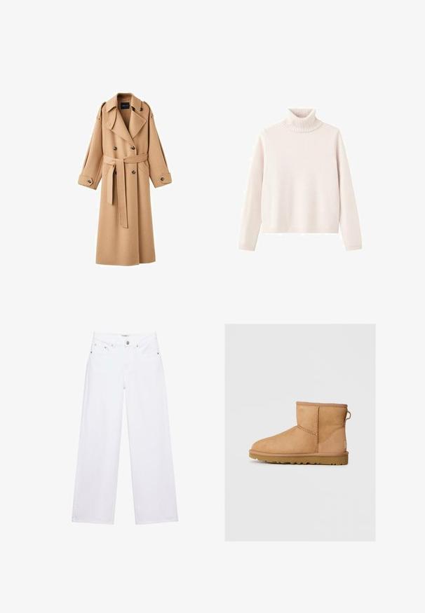 Camelkleurige wollen trenchcoat met een dubbelbreasted voorkant, brede revers, een ceintuur in de taille en lange mouwen met knoopdetails.; Lichtroze coltrui van zacht gebreid materiaal, met ribbelkraag en -manchetten, in een ontspannen pasvorm en minimalistisch ontwerp.; Witte jeans met hoge taille en wijde pijpen, voorzien van knoop- en ritssluiting, voor- en achterzakken, en zilverkleurige klinknageldetails.; Tan suède enkellaars met ronde neus, gestikte details, trekhaak aan de achterkant en een gestructureerde rubberen zool. Ontworpen voor comfort en warmte.