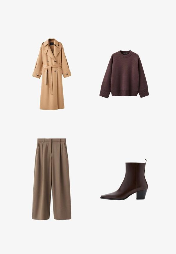 Camelkleurige wollen trenchcoat met een dubbelbreasted voorkant, brede revers, een ceintuur in de taille en lange mouwen met knoopdetails.; Loszittende trui in donker bordeauxrood, gemaakt van zachte gebreide stof. Voorzien van een geribde ronde hals, brede mouwen en een geribde zoom.; Bruine, wijde broek met een gladde textuur, voorplooien en een hoge taille. Heeft een op maat gemaakte ontwerp en zijzakken.; Donkerbruine leren enkelboot met een spits toelopende neus, lage blokhak en een treklus aan de achterkant op een witte achtergrond.