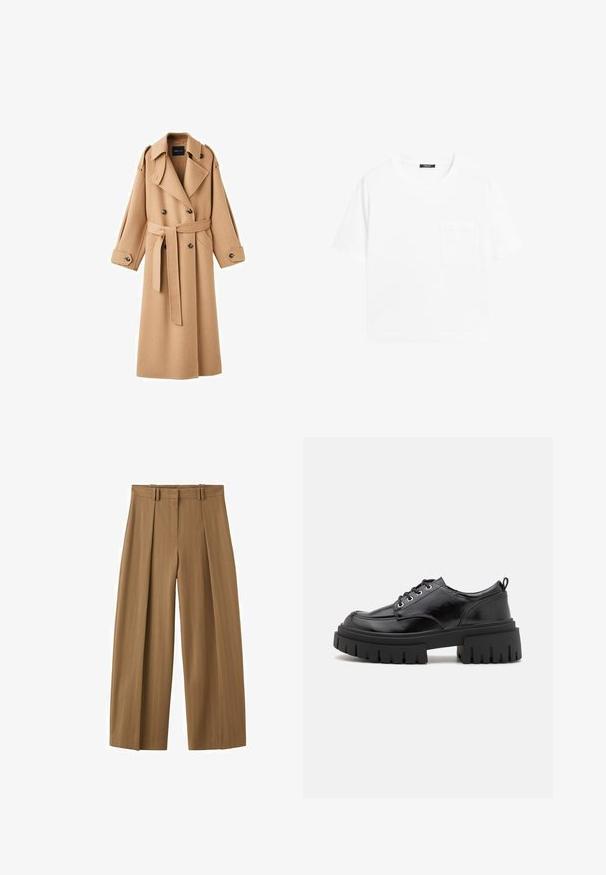 Camelkleurige wollen trenchcoat met een dubbelbreasted voorkant, brede revers, een ceintuur in de taille en lange mouwen met knoopdetails.; Effen witte T-shirt met korte mouwen, ronde hals en een klein borstzakje aan de linkerkant.; Brunette hoge taille wijde broek met subtiele krijtstrepen, plooien aan de voorkant, lussen voor een riem en een verborgen rits aan de voorkant.; Zwarte leren veterschoenen met een rond neus, dikke zwarte plateauzool en geribbeld patroon. Voorzien van veterogen en een trekhaak aan de achterkant.