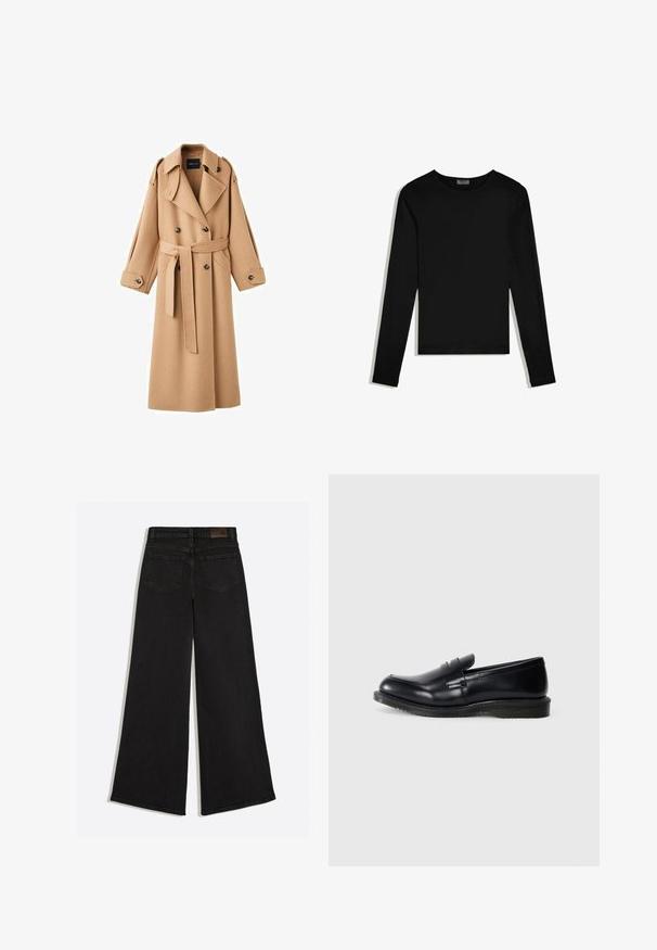 Camelkleurige wollen trenchcoat met een dubbelbreasted voorkant, brede revers, een ceintuur in de taille en lange mouwen met knoopdetails.; Zwart T-shirt met lange mouwen en ronde hals, eenvoudig ontwerp, plat neergelegd op een witte achtergrond.; Zwarte denim jeans met wijde pijpen, gezien van achteren met twee achterzakken en riemlussen op de tailleband.; Zwarte leren instapper met een gladde afwerking, ronde neus en gestikte details op de voorkant, met een gestructureerde rubberen zool voor grip.