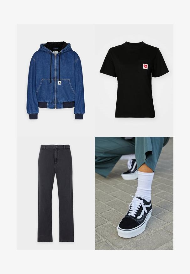 Carhartt WIP ACTIVE JACKET - Μπουφάν τύπου bomber - blue; Μαύρη βαμβακερή μπλούζα με στρογγυλή λαιμόκοψη και κοντά μανίκια. Διαθέτει μπροστινή τσέπη με κόκκινο λογότυπο καρδιάς και λευκό κείμενο.; Τζιν με ίσια γραμμή, μαύρο, με κουμπί και φερμουάρ μπροστά, θηλιές για τσάκιση και κλασικό σχέδιο με πέντε τσέπες, τοποθετημένα επίπεδα σε λευκό φόντο.; Μαύρο σουέτ sneaker με λευκές λεπτομέρειες και κορδόνια, με παχύ λευκό πάτο και αντίθετη ραφή, συνοδευόμενο από λευκή κάλτσα.