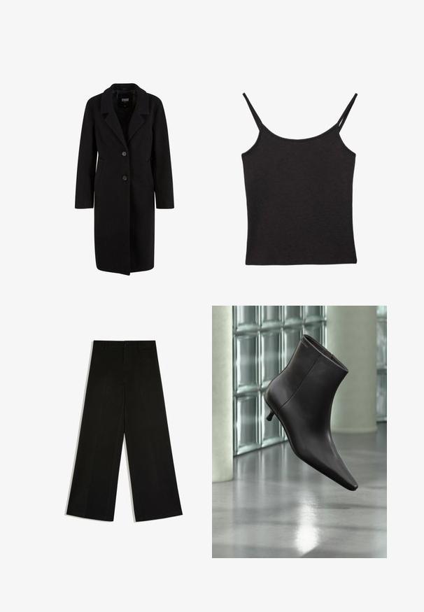 Manteau en mélange de laine noir avec un col en V, fermeture à deux boutons, poches latérales et manches longues. Texture lisse, design longueur genou.; Haut caraco en tissu côtelé noir avec fines bretelles doubles et un décolleté droit, posé à plat sur fond blanc.; Pantalon noir à jambes larges avec passants de ceinture, fermeture devant par bouton et zip, posé à plat sur fond blanc.; Bottine en cuir noir avec bout pointu et petit talon, présentée devant un mur en blocs de verre et un sol poli.