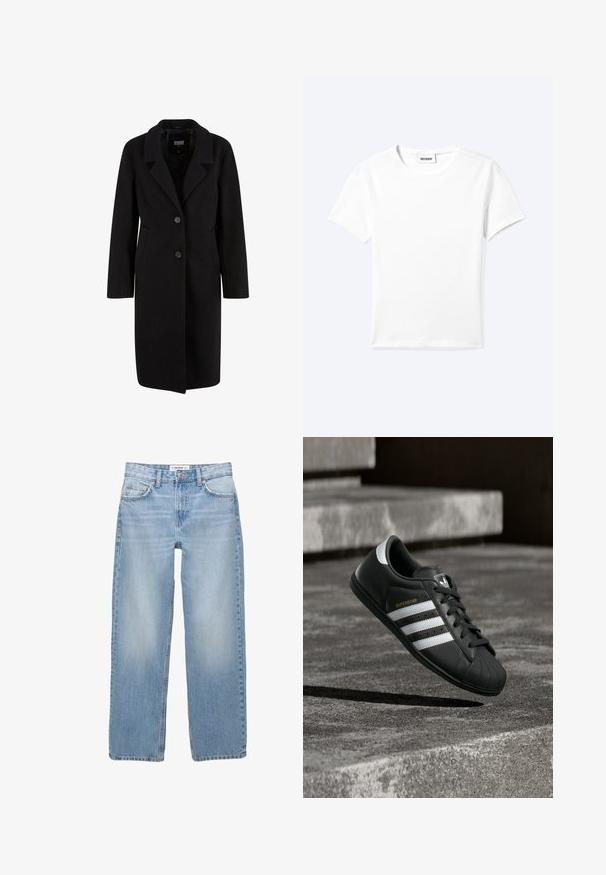 Zwarte wolmix jas met een geknipt kraag, sluiting met twee knopen, zijzakken en lange mouwen. Gladde textuur, knielange ontwerp.; Effen wit T-shirt met korte mouwen en ronde hals met een klein "WEEKDAY" label aan de binnenkant van de hals, plat neergelegd op een lichte achtergrond.; Lichtblauwe denim jeans met een recht model, vijf zakken en zichtbare stiksels. De stof heeft een zachte, iets vervaagde textuur.; Zwarte Adidas Superstar sneaker met witte strepen en gouden "SUPERSTAR" tekst die boven een betonnen oppervlak nabij trappen zweeft.