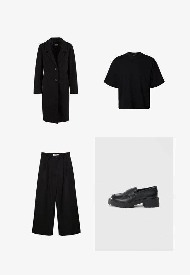 Sort uldblandingsfrakke med reverskrave, to-knaps lukning, sidelommer og lange ærmer. Glat tekstur, knælangt design.; Sort oversized T-shirt med korte ærmer, rund halsudskæring og afslappet pasform, vist på hvid baggrund.; Sorte bukser med vide ben og høj talje, med forreste læg, to sidelommer og knaplukning. Glat stoftekstur.; Sorte læderloafers med en struktureret finish, der har et rektangulært bånd over vamps og et groft, klodsede således design.
