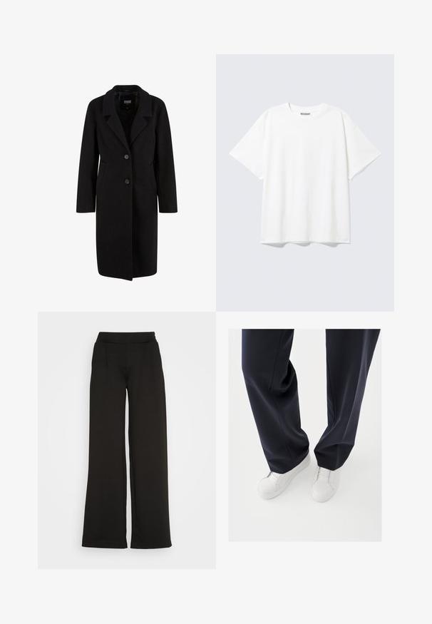 Zwarte wolmix jas met een geknipt kraag, sluiting met twee knopen, zijzakken en lange mouwen. Gladde textuur, knielange ontwerp.; Witte T-shirt met korte mouwen en een ronde hals, met een relaxte pasvorm en een "WEEKDAY" label aan de binnenkant achter bij de hals.; Zwarte wijde broek met een gladde textuur, voorzien van een hoge tailleband en twee voorplooien. Het ontwerp is simpel en onverfraaid.; Witte sneakers met gestructureerde rubberen zolen en platte veters, gecombineerd met donkerblauwe broeken die een losse, soepele stof en een getailleerde pasvorm laten zien.