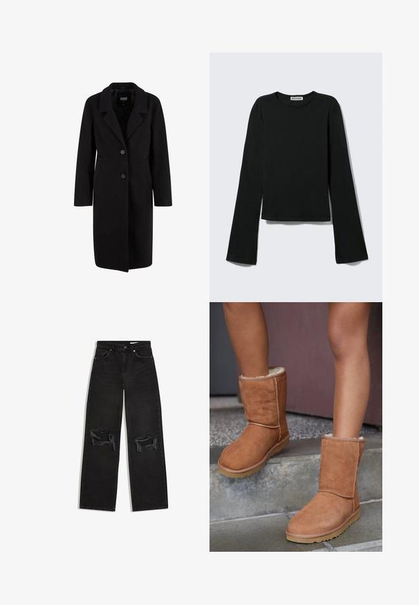 Manteau en mélange de laine noir avec un col en V, fermeture à deux boutons, poches latérales et manches longues. Texture lisse, design longueur genou.; T-shirt noir à manches longues avec col rond, silhouette ajustée et manches légèrement évasées, étiqueté avec la marque "Weekday" au niveau de l'encolure.; Jean droit en denim noir avec des déchirures usées aux deux genoux, poches avant et ceinture à fermeture par bouton.; Bottines en suede marron, à bout rond, avec une doublure douce et une semelle en caoutchouc, présentant des détails de couture visibles le long des coutures.