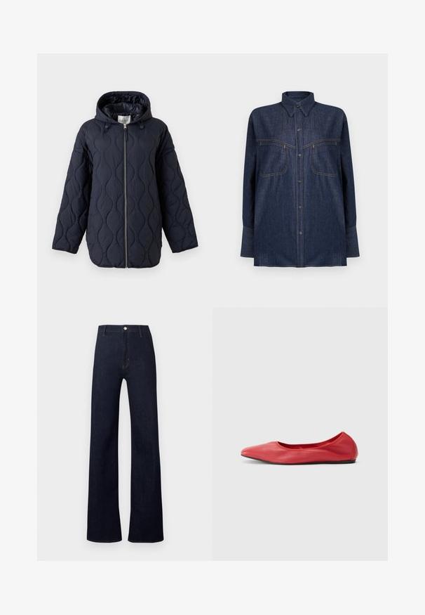Veste matelassée bleu marine avec capuche, fermeture éclair intégrale à l'avant et cordons de serrage sur la capuche, présentée sur fond blanc.; Chemise en denim bleu foncé à manches longues, fermeture à boutons, deux poches poitrine et surpiqûres contrastantes orange. Col classique et coupe décontractée.; Pantalon en jean bleu foncé avec une taille haute, une coupe ample à jambes larges, et un style classique à cinq poches. Il présente des détails en bronze et des coutures discrètes.; Filippa K REY FLATS - Ballerines - bright red