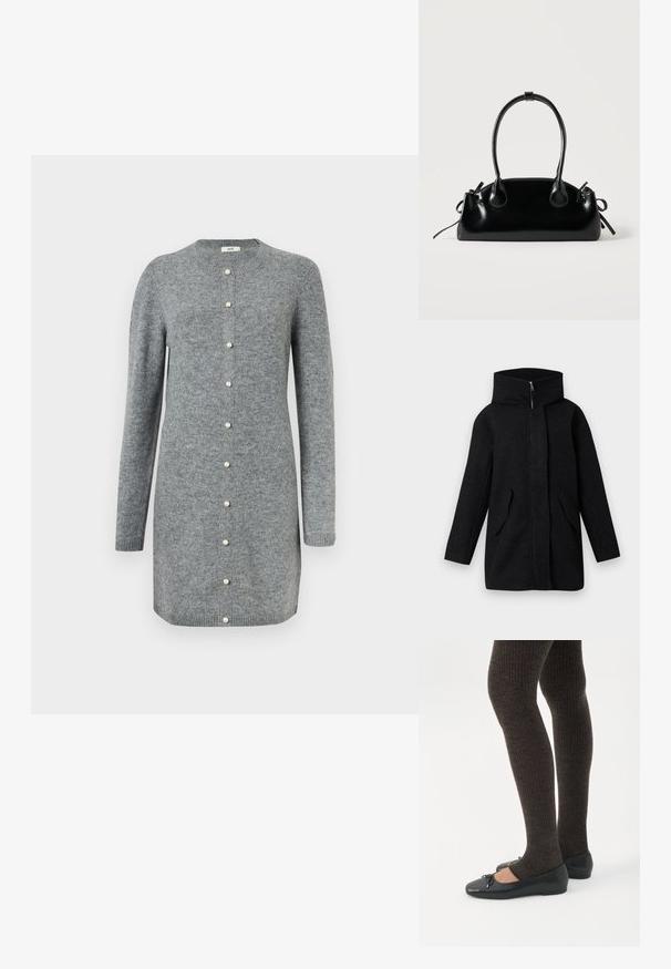 Manteau en laine noir avec un col haut, fermeture éclair frontale cachée par une patte de boutonnage, et deux poches à rabat inclinées, présenté sur un fond blanc.; Robe-cardigan grise en tissu tricot doux, dotée d'un col rond, de manches longues et de fermetures à boutons en perles sur le devant.; Jambes portant des leggings côtelés foncés associés à des ballerines noires avec de petits détails en nœud sur fond blanc.; Petit sac à main noir brillant avec deux longues anses et des détails à cordon sur les côtés sur un fond clair uni.