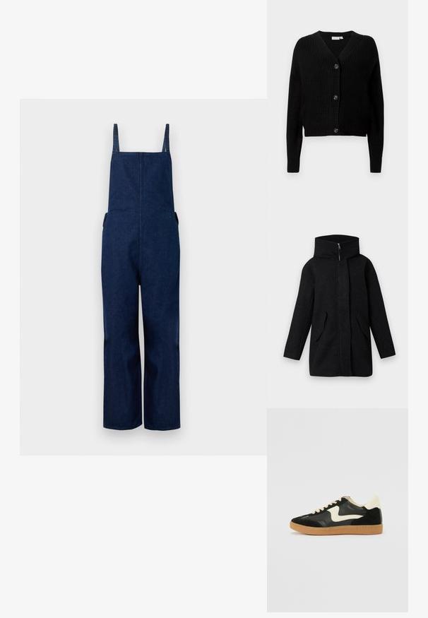 Sort uldfrakke med høj krave, frontlynlås skjult af en plade, og to skrå klaplommer, vist på en hvid baggrund.; Marineblå denim overalls med brede ben, justerbare stropper og sidelommer, der har et rent, minimalistisk design og en glat tekstur.; Sort ribbet strik cardigan med V-hals, lange ærmer og fem knaplukninger foran. Blød tekstur med cropped fit.; Sorte ruskinds- og lædersneakers med en cremefarvet side-swoosh og lys cremefarvet hæl. Har beige snørebånd og en gummirubber-sål.
