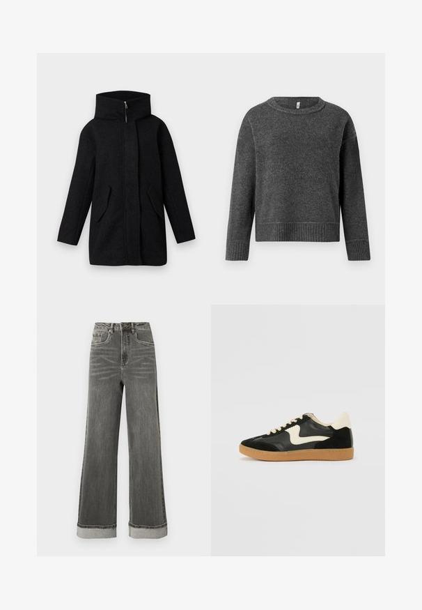 Manteau en laine noir avec un col haut, fermeture éclair frontale cachée par une patte de boutonnage, et deux poches à rabat inclinées, présenté sur un fond blanc.; Pull en tricot gris foncé avec un col rond et des manches longues. Présente des poignets et un ourlet côtelés, fabriqué à partir d'un tissu doux et texturé.; Jean denim gris à jambes larges avec une taille haute, cinq poches et des ourlets retroussés. Le tissu présente une texture légèrement usée avec des coutures visibles.; Baskets en daim et cuir noir avec un swoosh latéral crème et un talon crème clair. Dotées de lacets beige et d'une semelle en caoutchouc gomme.