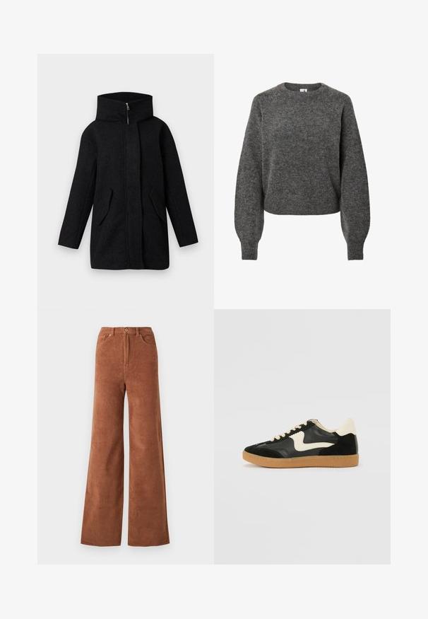 Schwarzer Wollmantel mit hohem Kragen, einem verdeckten Frontreißverschluss und zwei schrägen Klappen pockets, vor einem weißen Hintergrund präsentiert.; Dunkelgrauer, wollener Langarmpullover mit Rundhalsausschnitt und leicht balloneförmigen Ärmeln, gestrickter Textur sowie gerippten Bündchen und Saum.; Weite Cord-Hosen in einem satten Braunton, mit vertikalen Rippungen, Fronttaschen und einem Knopfverschluss an der Taille.; Schwarze Wildleder- und Leder-Sneaker mit einem cremefarbenen Seiten-Swoosh und einer hellcremefarbenen Ferse. Ausgestattet mit beige Schnürsenkeln und einer Gummilaufsohle.