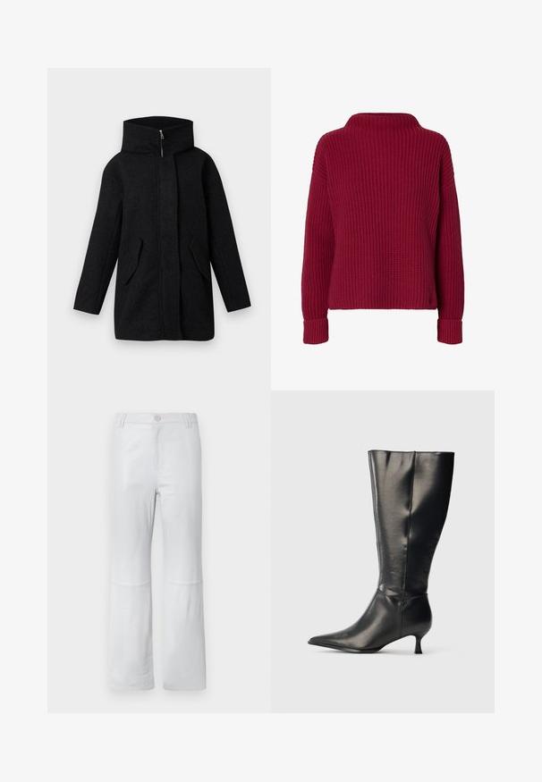 Manteau en laine noir avec un col haut, fermeture éclair frontale cachée par une patte de boutonnage, et deux poches à rabat inclinées, présenté sur un fond blanc.; Pull en tricot rouge à manches longues avec un col montant et des poignets côtelés, présenté sur un fond blanc uni.; Pantalons blancs, fuselés, en tissu lisse ; dotés d'une poche avant, de coutures cousues et d'une fermeture à bouton. Sans motifs ni embellissements.; Botte en cuir noire montant jusqu'au genou, avec un bout pointu et un petit talon bas, présentée sur un fond clair uni.