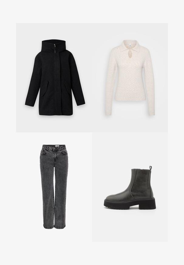 Sort uldfrakke med høj krave, frontlynlås skjult af en plade, og to skrå klaplommer, vist på en hvid baggrund.; Lys beige strikket sweater med kravehals, et nøglehul ved brystet og lange ærmer med ribbede manchetter.; Sorte denimjeans med lige ben, der har forlommer, bæltestropper og en subtil, falmet tekstur.; Sorte ankelstøvler med en glat syntetisk overdels, elastiske sidepaneler, en hævet kant og en kraftig gummisål.