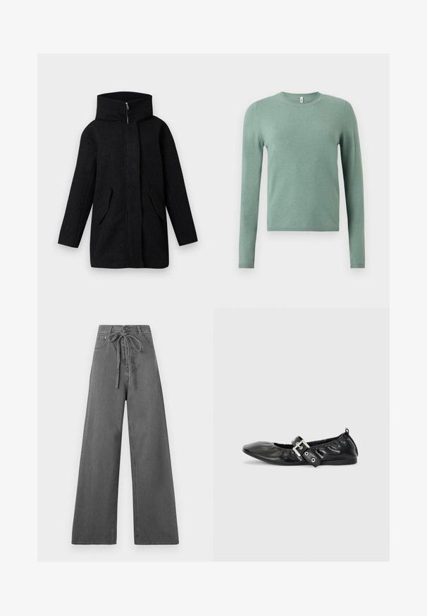 Sort uldfrakke med høj krave, frontlynlås skjult af en plade, og to skrå klaplommer, vist på en hvid baggrund.; Grøn langærmet sweater lavet af strikket stof. Har rund halsudskæring og ribbet kant og manchetter. Glat tekstur med ensfarvet design.; Grå bred benbukser med en snor i taljen, præsenteret mod en ensfarvet hvid baggrund.; Sorte læder flade sko med spids tå, samling detaljer omkring åbningen, og en sølv spænde accent på den justerbare rem.