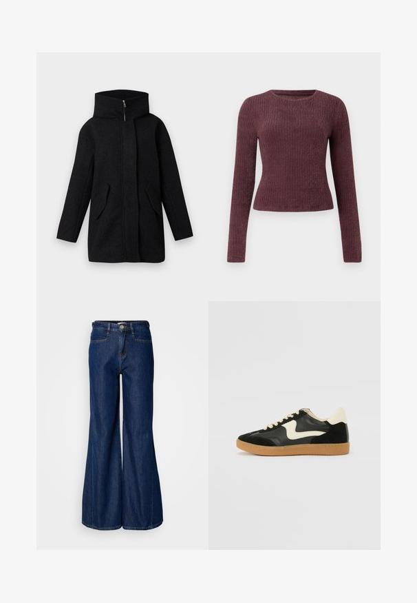 Manteau en laine noir avec un col haut, fermeture éclair frontale cachée par une patte de boutonnage, et deux poches à rabat inclinées, présenté sur un fond blanc.; Haut à manches longues en rib avec une couleur bordeaux profonde. Présente un col rond et une silhouette ajustée. Fabriqué en tissu doux et texturé.; Jean en denim foncé à jambe large avec une taille haute, cinq poches et fermeture à bouton en métal. Texture lisse et détails de couture subtils.; Baskets en daim et cuir noir avec un swoosh latéral crème et un talon crème clair. Dotées de lacets beige et d'une semelle en caoutchouc gomme.