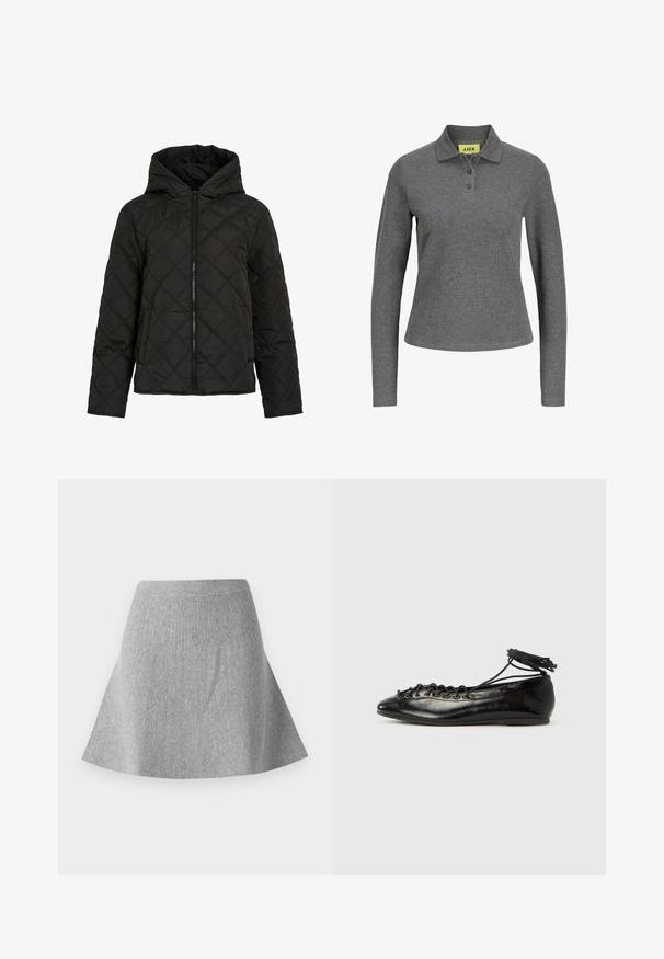 Sort quiltet jakke med diamantsting, frontlynlås, hætte og lange ærmer, vist mod en ensfarvet hvid baggrund.; Mørkegrå poloshirt med lange ærmer, tre knapper og ribstrikket stof, med en gul JJXX-label inde i kraven.; Grå, strikket sømdnederdel med en tekstureret finish. Har en taljeing og en glat silhuet, der smalner ind mod kanten.; Sorte balletflade sko i laklæder med rundet tå, snørelukning og flad sål. Glat tekstur med få detaljer.